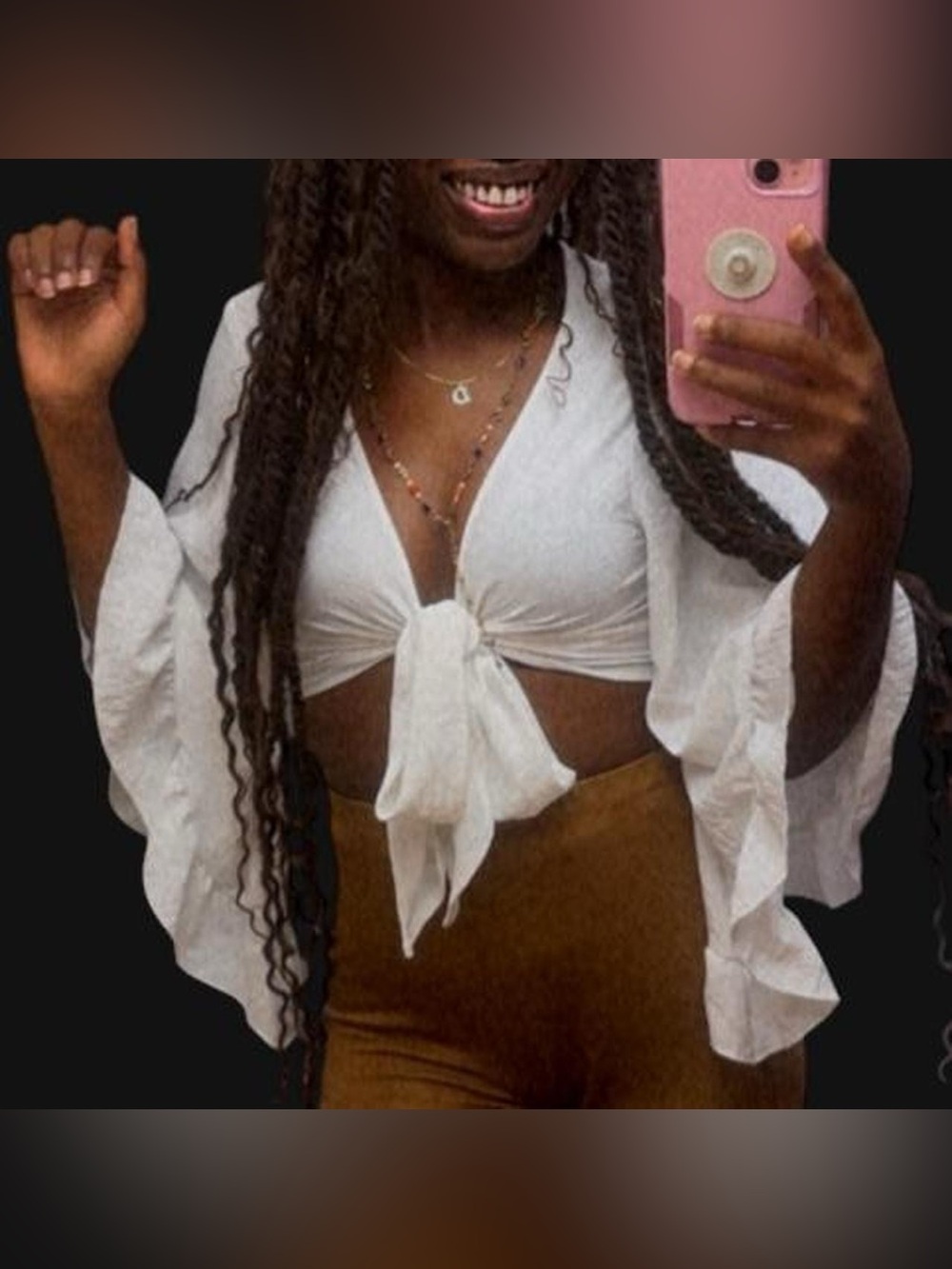 SHEIN White Tie-Front Crop Top with Flared Ruffle Sleeves